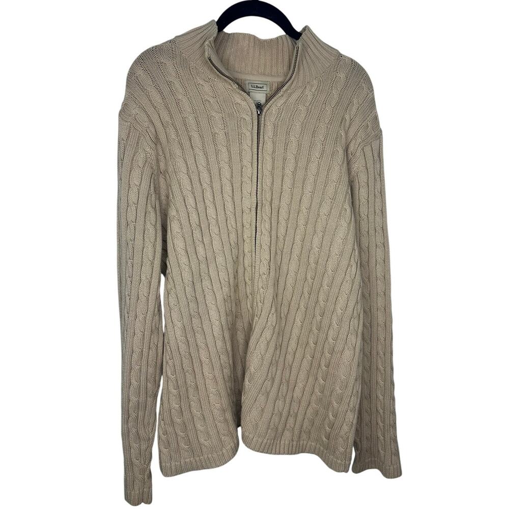 LL Bean Full Zip Cable Knit Fisherman Sweater Size 2X Big Beige Neutral Preppy